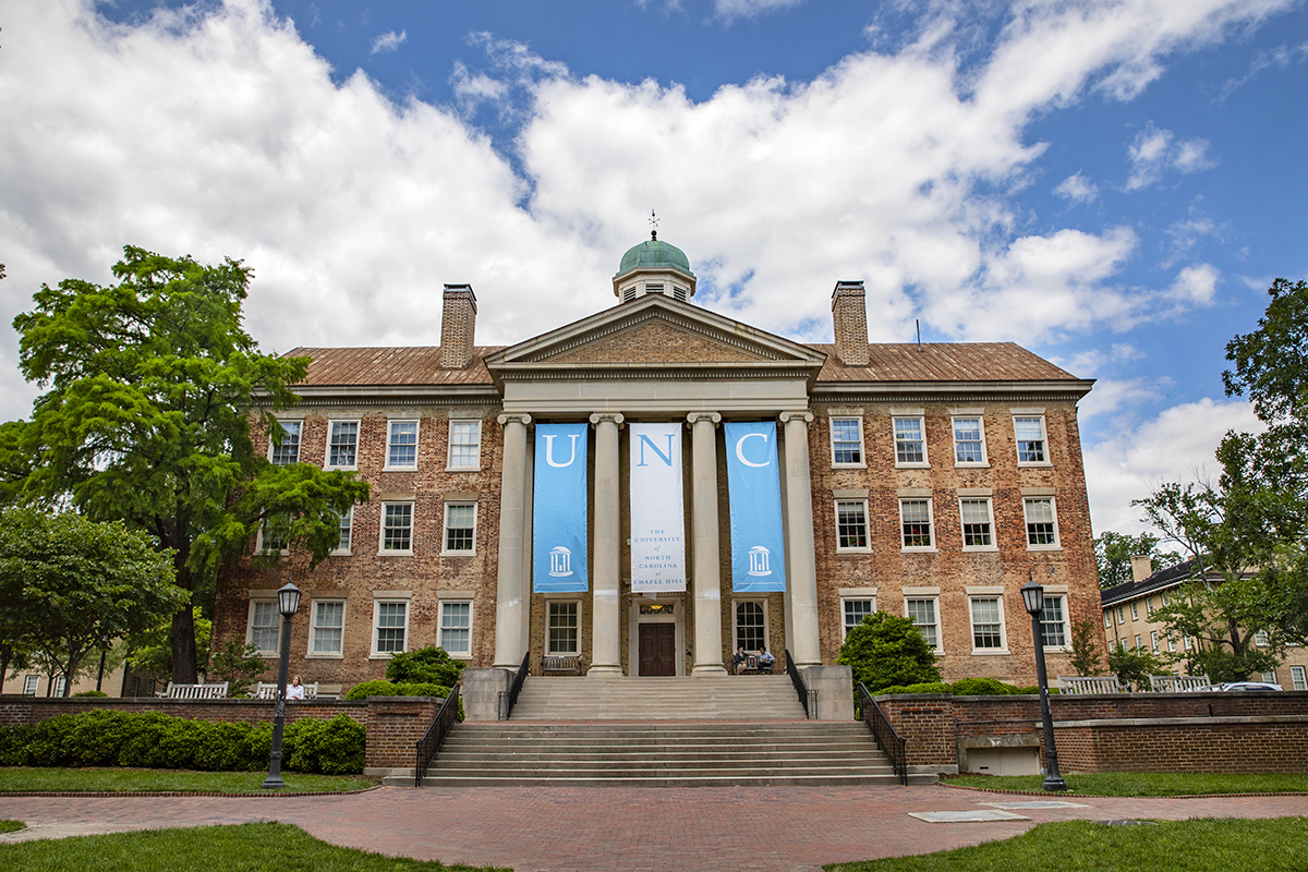 South Building with UNC banners.