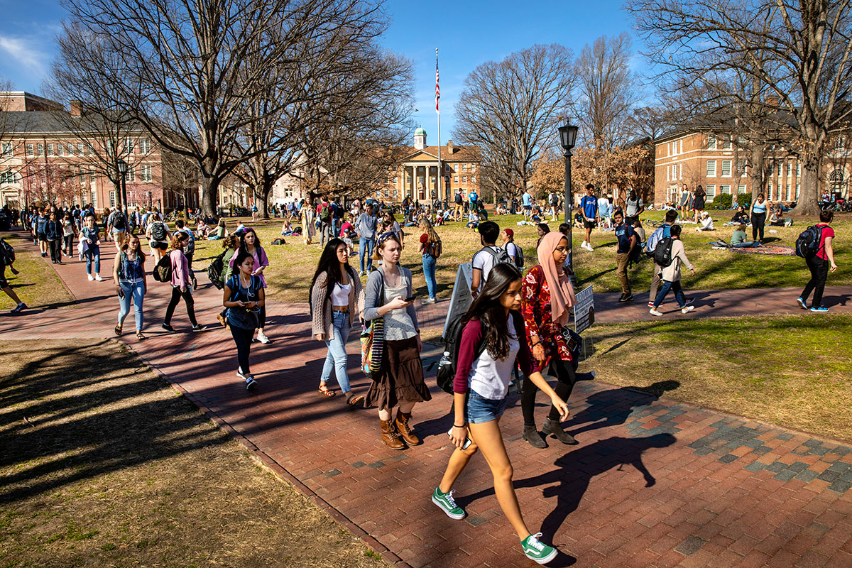 Students walk on the UNC-Chapel Hill campus.